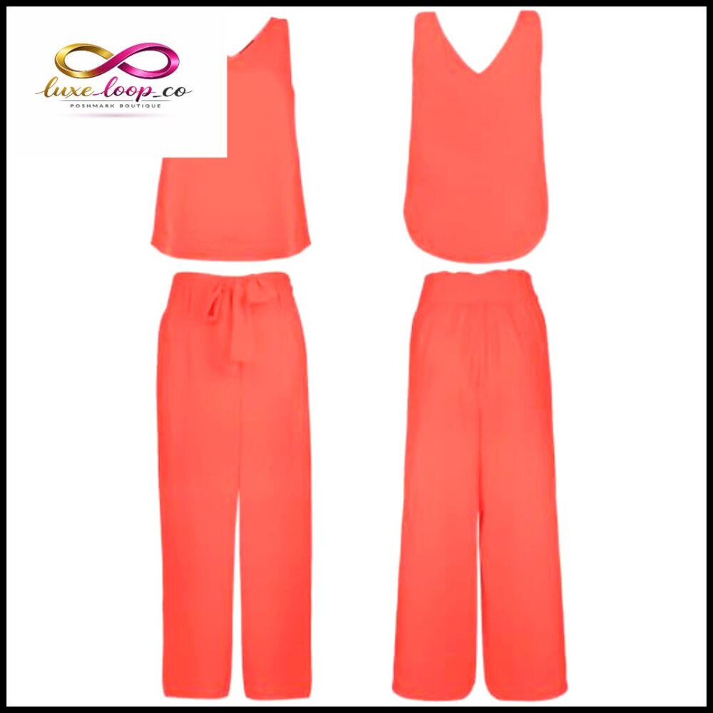 Women's 2-Piece Set V-Neck Tank Top High-Waisted Cropped Paper Bag Pants - Picture 5 of 7